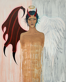 Painted portrait of an angel turned into a devil split down the middle.